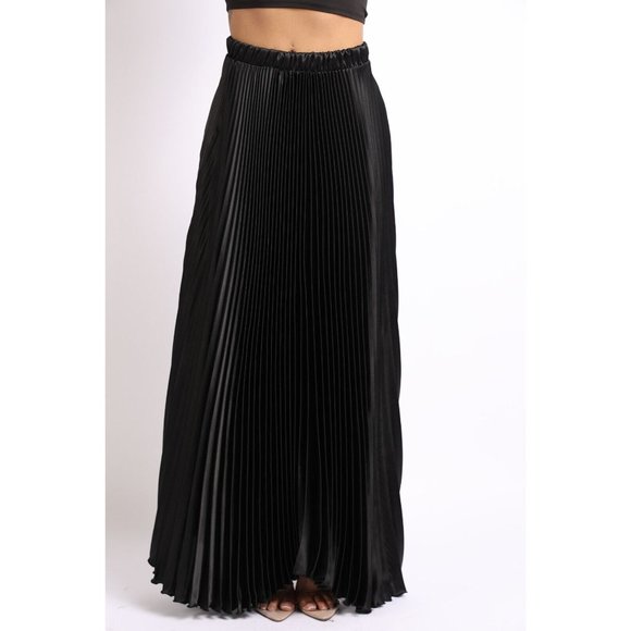 Women's Elastic High Waist A-Line Pleated Satin Maxi Skirt Formal Prom Party - Picture 7 of 10